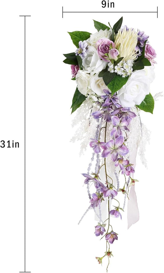 Bridal Bouquet,9 Inch Wedding Bouquets Purple and White Fake Wedding Silk Flowers for Ceremony Anniversary Brides Shower(Purple)