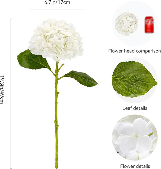 Hydrangea Artificial Flowers with Stems 6 PCS 19.3" Latex Faux Hydrangea Fake Flowers Bulk Real Touch for Vase Indoor Home Decoration Wedding Centerpieces Arrangements (White)