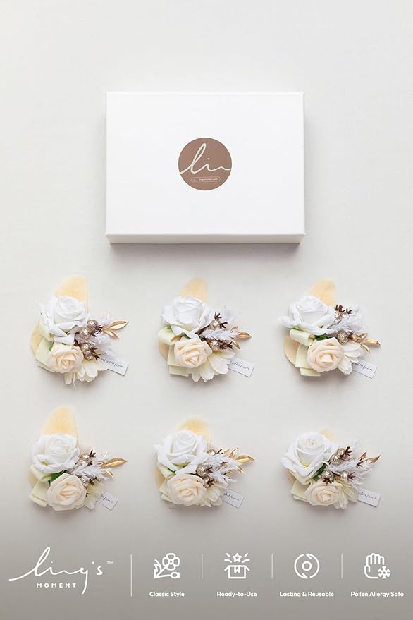 Ling's moment 6pcs Wedding Wrist Corsage Artificial Flowers, Girl/Mother Homecoming Prom Corsages Wristlet Décor, etc. Boho White Nude