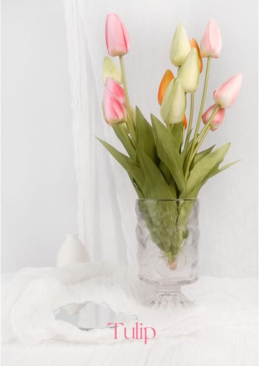 Set of 12 Artificial Tulip Flowers, 4 Colors Fabric Faux Tulips with Bendable Stems for Home Office Kitchen Decor, Wedding, Party, Vase Arrangement- Multi Colors