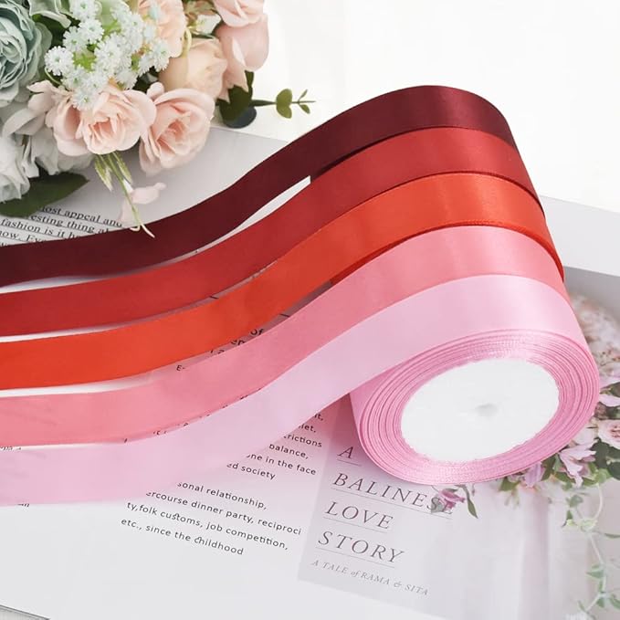 TONIFUL 1 Inch x 125 Yards 5 Colors Satin Ribbon Rolls, Mixed Red Color Set Fabric Ribbon for Gift Wrapping Embellish Wedding Birthday Party Decoration Bow Making Floral Craft Sewing(red)