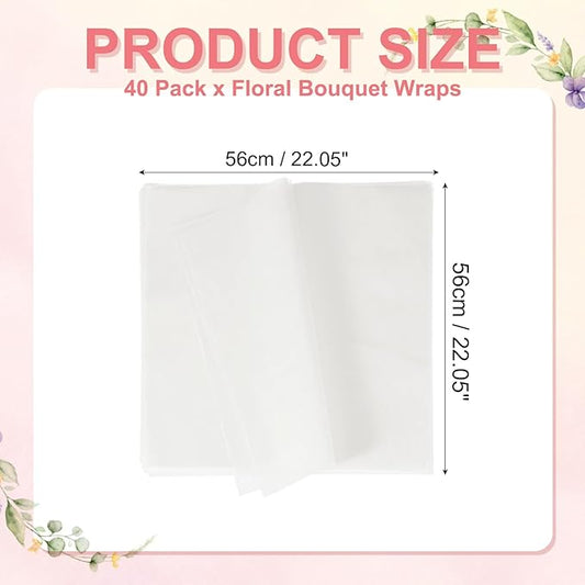 YELARXI Flower Wrapping Paper, Cotton Wrapping Flower Paper, Non-Woven Waterproof Floral Bouquet Wraps - Fitting for (Florist Supplies/Gift) 22 x 22 Inch & 40 Pack & White
