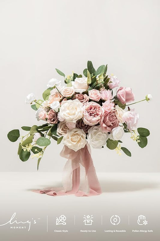 Ling's moment Wedding Artificial Flowers Package, Bridal Bouquet, Bridesmaid Bouquets, Boutonniere for Men, Rose Petals.Dusty Rose Cream