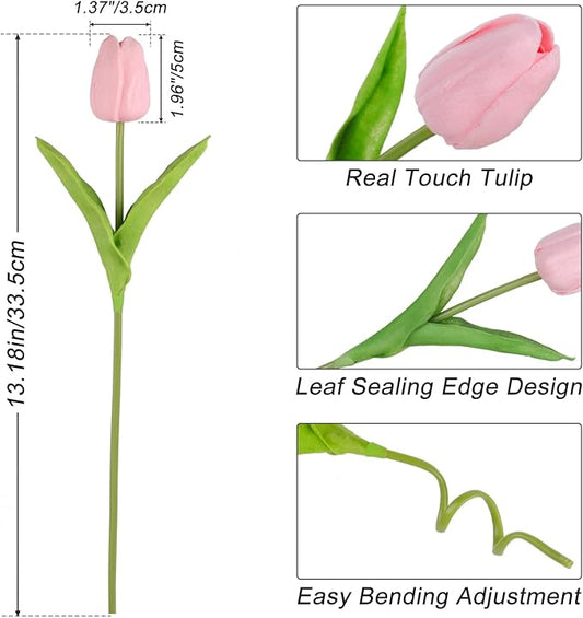 Beferr Pink Tulips Artificial Flowers 18Pcs Faux Tulip Real Touch Tulip Fake Flowers Bouquets Arrangements for Mothers Day Spring Easter Wedding Home Table Decor Pink