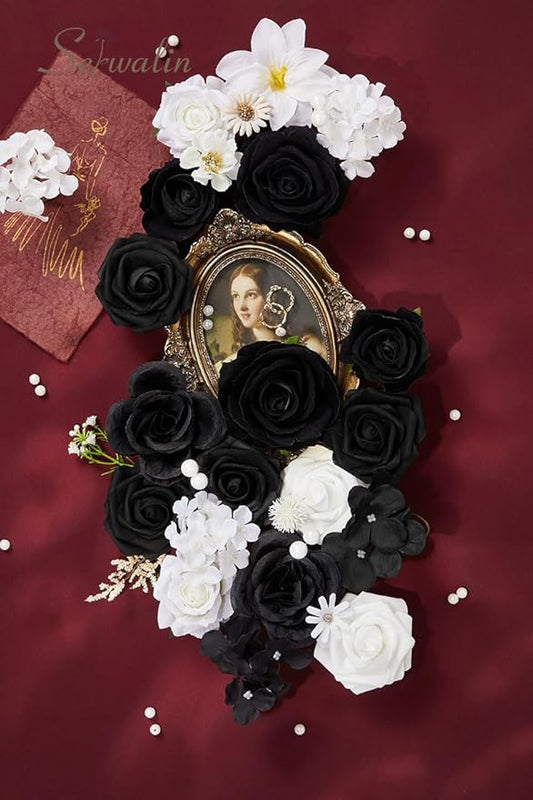 Serwalin Black Artificial Flowers and White Deluxe Combo Box Set, Daisy Fake Flower for DIY Wedding Bridal Bouquet, Centerpieces Decor, Floral Arrangement Decor, etc.