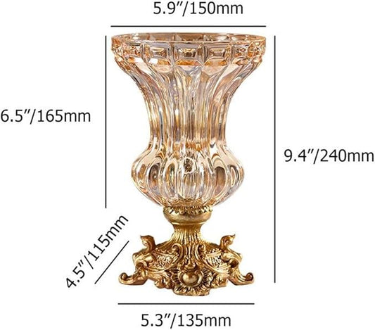 Artificial Flowers in Vase Set – Retro European Style Golden Crystal Glass Vase with Orange Faux Flowers, Carved Decorative Centerpiece for Table, Entryway, or Living Room