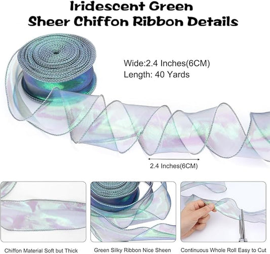 Iridescent Green Sheer Chiffon Ribbon – 2.4" Wide x 40 Yards – Perfect for Christmas Gift Wrapping, Floral Bouquets, Wedding Decor & DIY Crafts