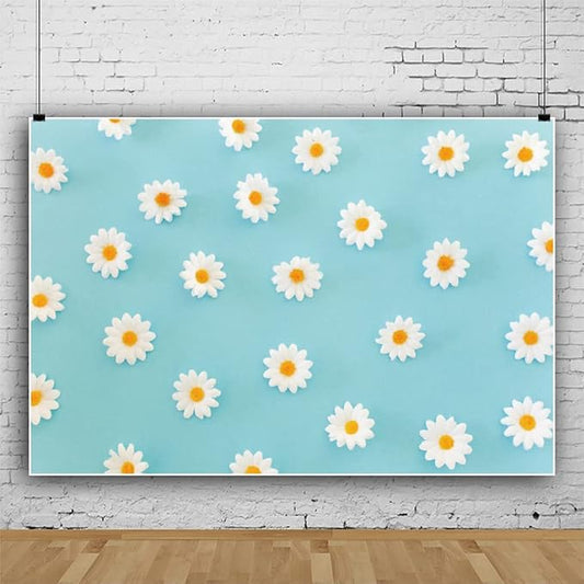Daisy Flower Backdrop for Photography White Floral Blue Photo Background Baby Shower Birthday Party Decorations Cake Table Banner Girls Children Portrait Photoshoot Studio Props 8x6ft Vinyl