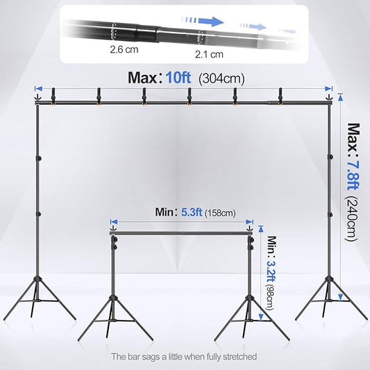 EMART Backdrop Stand 10x7.8ft(WxH) Photo Studio Adjustable Background Stand Support kit with 2 Crossbars, 8 Clamps, 2 Sandbags and Carry Bag for Parties, Events Decoration, Wedding, Photography
