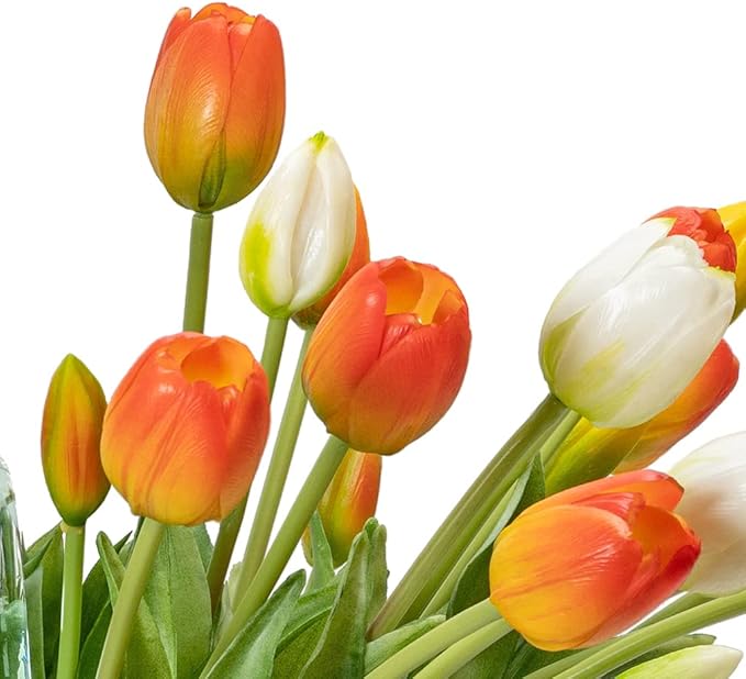 40pcs Artificial Tulips Flowers, Real Touch Latex Bouquet, Fake Tulips for Office Wedding Party Home Kitchen Garden Decoration(Orange Suit 40pcs)