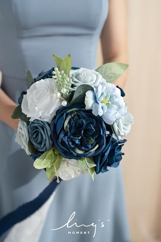 Ling's Moment Artificial Flowers Dusty Blue & Navy Blue Bridesmaid Bouquet Set of 4, Wedding Flowers Bouquets for Bridesmaids, 7 Inch Bridal Bouquets for Bridesmaids, Wedding Decor, Ceremony, etc
