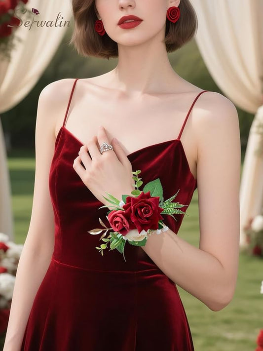 Serwalin Red Rose Corsage and Boutonniere Set, Boutonniere for Men and Wrist Corsage Wristlet Prom Homecoming Wedding Flowers Accessories Party Suit Decorations (red)