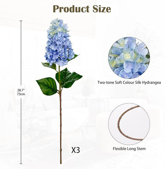3PCS Fake Flowers Hydrangea Artificial Flowers 28" Long Stem Light Blue Faux Flowers for Vase, Real Touch Silk Flowers Décor for Floral Arrangement Home Farmhouse Office Hotel Decoration