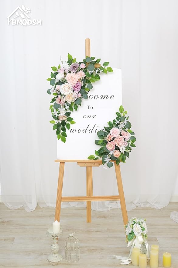 Faux Flowers Wedding Welcome Signs Floral(Pack of 2),Wedding Arch Flowers for Decorations and Reception Backdrop Decoration (Pink)