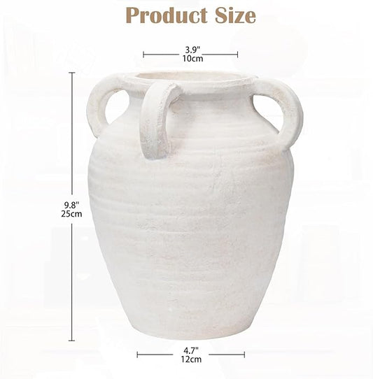 Handcrafted Flower Vase, 9.8" Tall Terracotta Vase, Vintage White Ceramic Vase, Rustic Antique Decor with 4 Handles, Wide Mouth, Matte Finish for Home Office Resto Café Décor