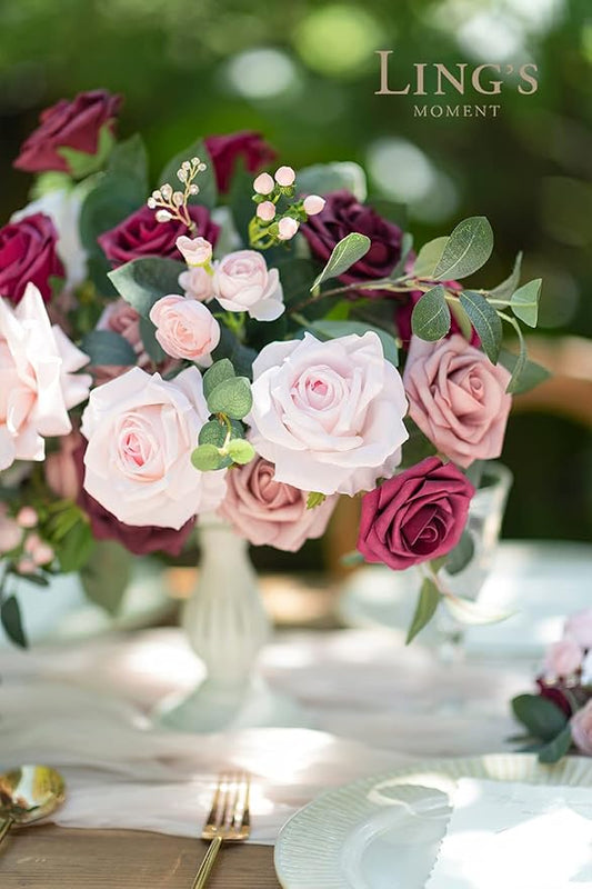 Ling's moment Fake Flowers Box, Faux Artificial Greenery Stems Foam Roses Silk Ranunculus Eucalyptus Leaves Fabic Flower for Centerpieces Bouquet Wedding Vase, Berry Pink & Blush, Grand Combo