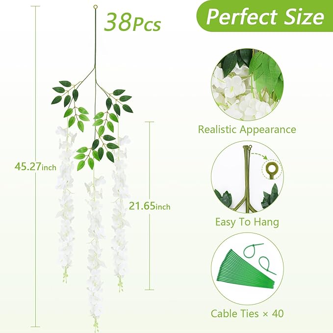 Yastouay 38 Pcs Wisteria Hanging Flowers, 3.77 Ft/Pcs Artificial Hanging Flowers, White Fake Wisteria for Wedding Party Ceremony Backdrop Home Decoration