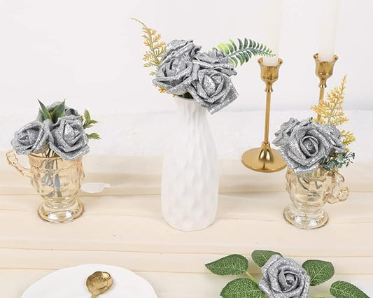 IPOPU Silver Roses Artificial Flowers,50pcs Glitter Flowers Fake Foam Roses with Stem for DIY Wedding Bridal Bouquet Home Party Christmas Decoration(Silver)