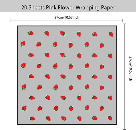 HLTOO 20 Sheets Flower Wrapping Paper, Bouquet Floral Packaging Paper with Strawberry Pattern, for Wedding, Party, Mother's Day, Birthday, and DIY Craft Florist Supplies (BlackBlack)