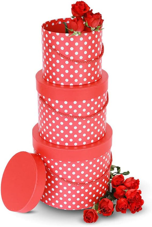 UNIKPACKAGING Premium Quality Round Flower Box, Gift Boxes for Luxury Flower and Gift Arrangements, Set of 3 pcs, (Red White Dots)