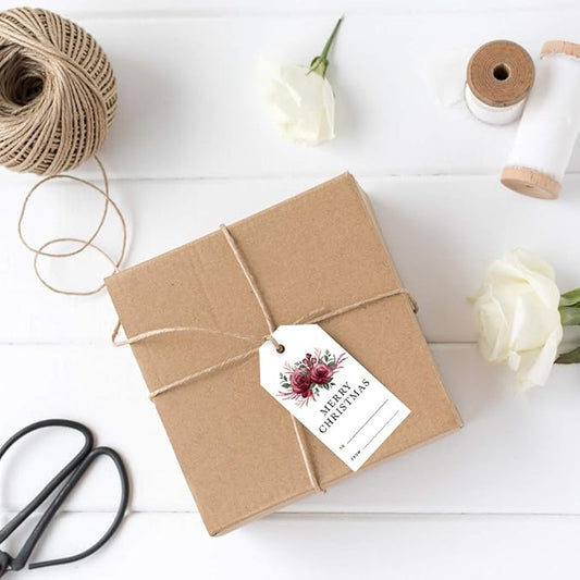 Andaz Press Christmas Holiday Season Classic Gift Tags, Merry Christmas to from Classic Favor Tags, Burgundy Floral Roses Design, for Holiday Events, Parties, and Favors, 60-Pack