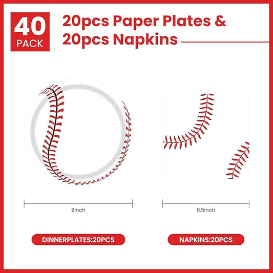 40 Pcs Baseball Plates and Napkins, Paper Dinner Plates and Napkins, Classic Style, Baseball Party Decorations, 20 Servings