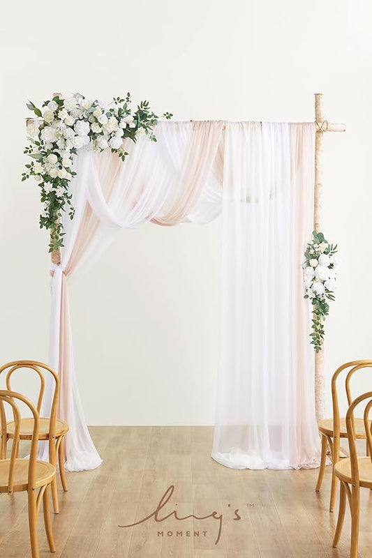 Ling's moment White Deluxe Artificial Wedding Arch Flowers with Drapes Kit-Pack of 5, 2pcs Flower Arrangements 3pcs Hanging Sheer Drapes Sage Ceremony Arbor Reception Backdrop Rose Floral Decorations