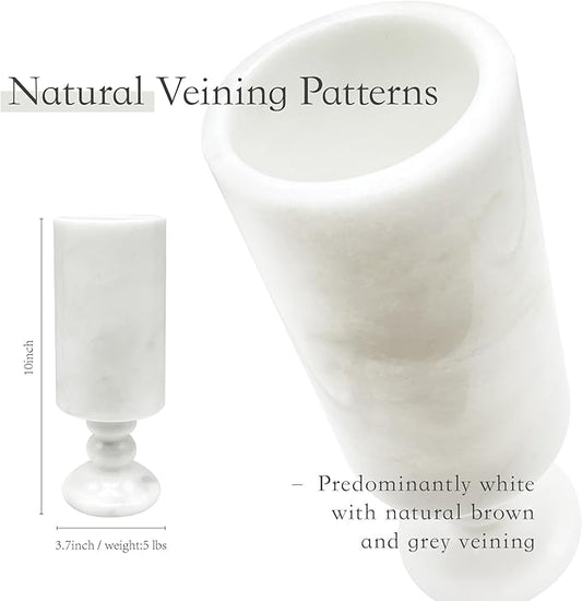 White Vase Real Marble for Home Centerpiece for Dining Table, 10 inch Stone Flower Vase or Desk Décor for Bouquet and Pampas Grass, French Boho Style