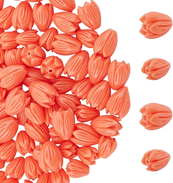 1 Box 100Pcs Carved Flower Beads Coral Jewelry Beads Jasmine Floral 3D Small Light Salmon Dyed Synthetic Coral Loose Smooth Spacers for Jewelry Making Necklace Bracelet DIY Craft Accessories