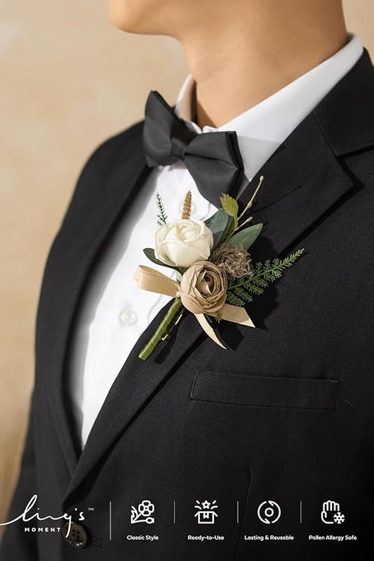 Ling's moment Boutonniere for Men, 6pcs Groom Groomsmen Boutonniere, Artificial Flowers for Wedding Decor/Prom/Homecoming, etc.Brown