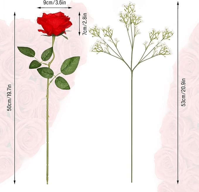 Waipfaru 20 Pcs Fake Red Roses Babys Breath Artificial Flowers Bulk, Silk Red Rose Faux Babys Breath with Long Stems for Wedding Bouquet Vase Flower Arrangement