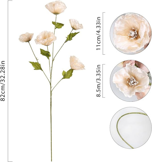 30 Heads Poppy Artificial Flowers 6 PCS Silk Flowers 32 in Poppy Flowers Champagne Flowers for Wedding Home Party Table Centerpiece Arrangement Decoration (Champagne)