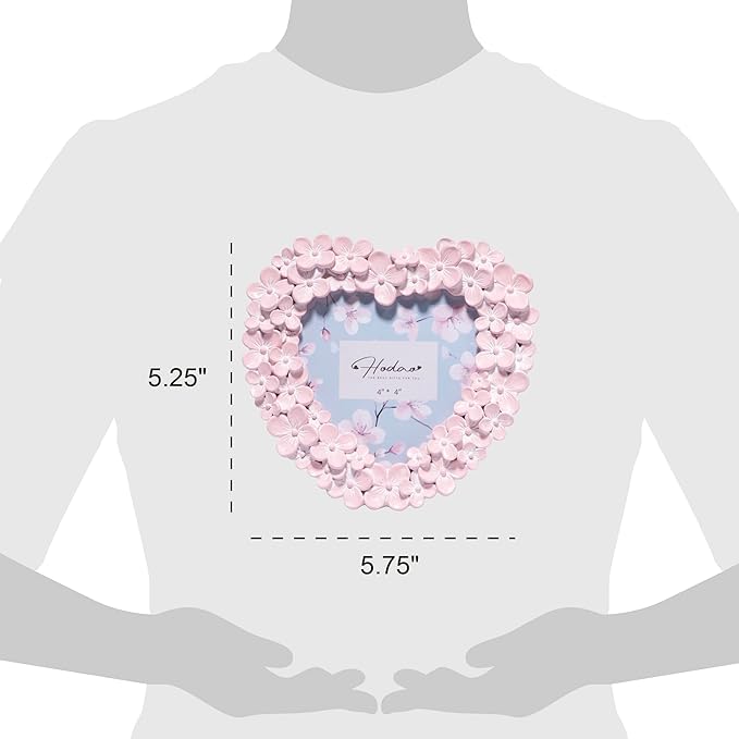 Hodao 4x4 Inch 3D Floral Heart Shaped Frame - Hand-Crafted Resin Picture Frame with White & Gold Accents for Wedding, Valentine’s Day & Romantic Home Decor (Pink-Heart)