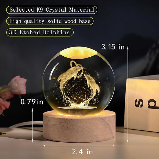 3D Laser Engraved Dolphin Crystal Ball, Romantic Dolphin & Heart LED Night Light, 60mm Sea Animal Figurines Decor Glass Sphere Lamp Gifts for Women Kids Mom