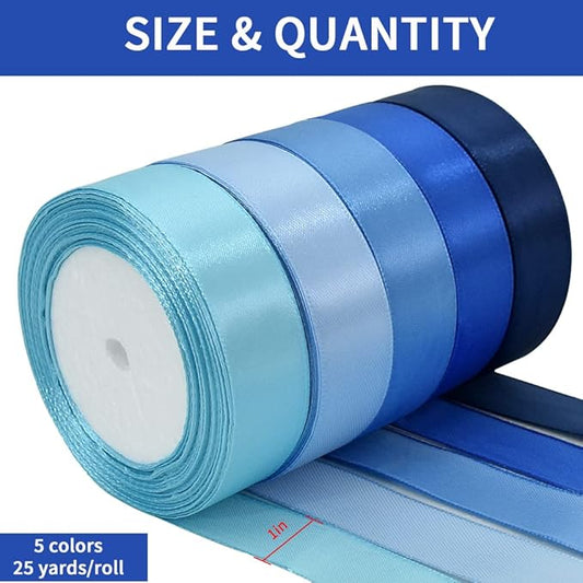TONIFUL 1 Inch x 125 Yards 5 Colors Satin Ribbon Rolls, Mixed Blue Color Set Fabric Ribbon for Gift Wrapping Embellish Wedding Birthday Party Decoration Bow Making Floral Craft Sewing(Blue)
