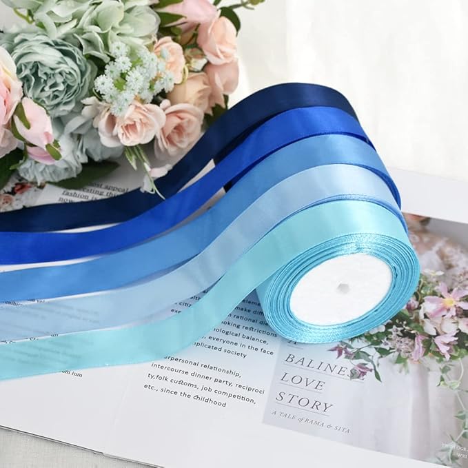 TONIFUL 1 Inch x 125 Yards 5 Colors Satin Ribbon Rolls, Mixed Blue Color Set Fabric Ribbon for Gift Wrapping Embellish Wedding Birthday Party Decoration Bow Making Floral Craft Sewing(Blue)