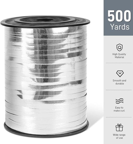 500 Yards Metallic Shiny Curling Ribbon Silver, 1/5" Silver Balloon Ribbons - Perfect for Gift Wrapping, Florist Flowers, and Balloon String for Halloween, Christmas, Birthday Party