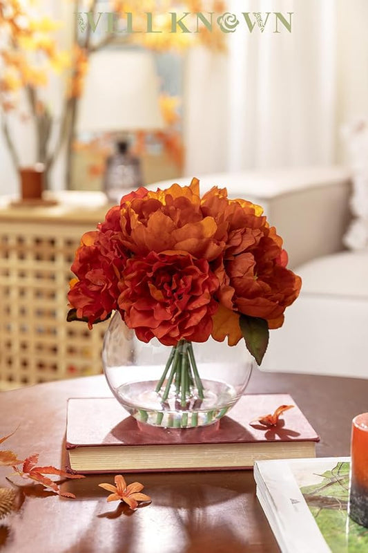Artificial Flowers in Vase, Silk Peonies Flowers for Vase with Faux Water, Burnt Orange Fake Flower Arrangement for Fall Winter Dinning Wedding Christmas Party Table Centerpieces Decor & Mom's Gift