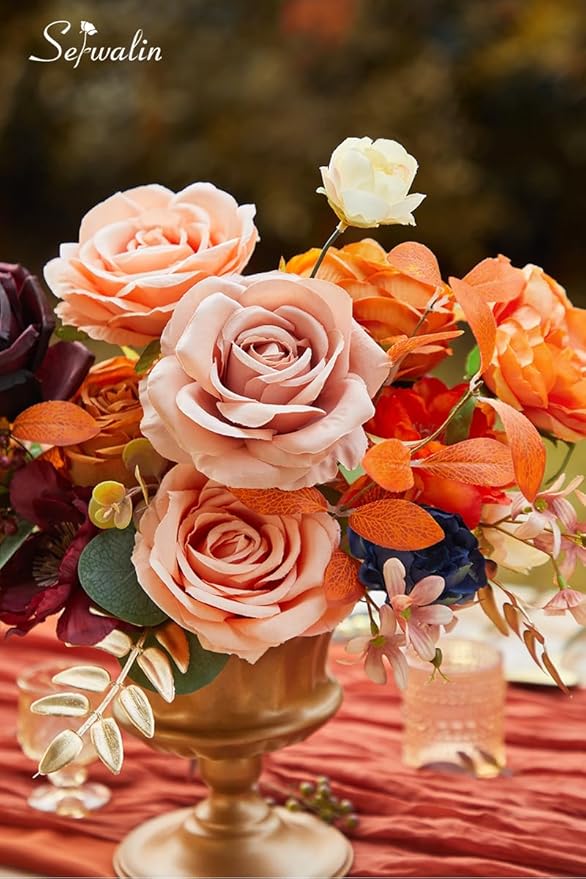 Serwalin Artificial Fall Flowers Orange Burgundy Silk Flowers Wedding Flowers Combo for Cake Home Party Decoration, Fake Flowers for Bridal Bouquets Floral Arrangements