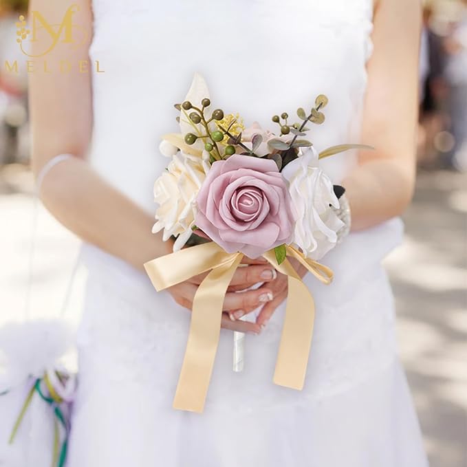 Meldel Set of 6 Wedding Flowers Fake Rose Mini Bridesmaid Bride Bouquets Dusty Pink Ivory Small Floral Wedding Centerpieces Decor Artificial Flower Arrangements for Tables Home Party Decorations