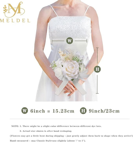 Meldel Set of 6 Wedding Flowers Fake Rose Mini Bridesmaid Bride Bouquets Ivory White Small Floral Wedding Centerpieces Decor Artificial Flower Arrangements for Tables Home Party Decorations