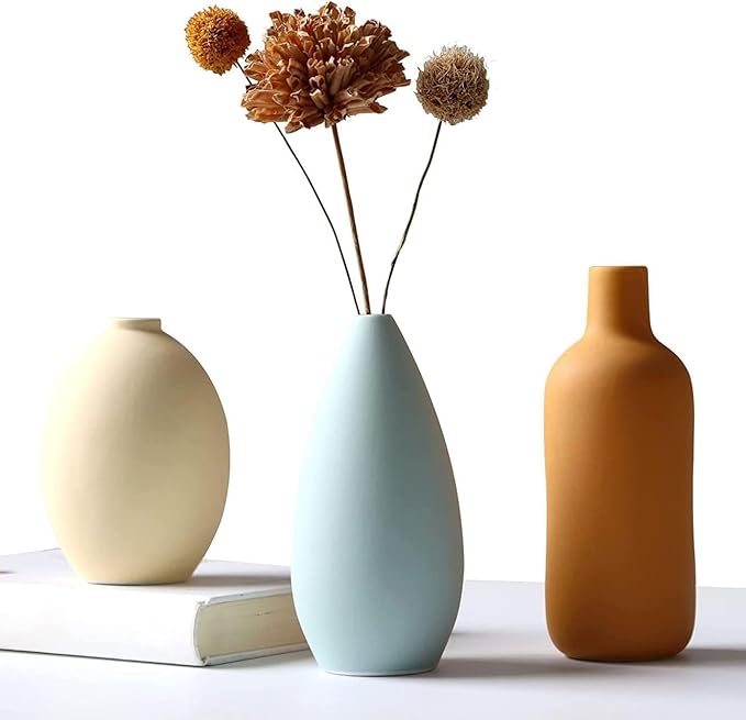 Ceramic Vase Set of 3, Modern Vase for Minimalist Decor,Aesthetic Vase Round Flower Vases for Boho Home Wedding Party Room Dinner Table Shelf Décor
