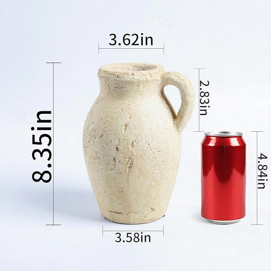 Rustic Clay Vase for Home Decor – 8.35" Tall Pottery Flower Vase, Water-Holding Vintage Jug with Handle, Farmhouse Style Vase for Shelf, Table, or Mantel Decoration