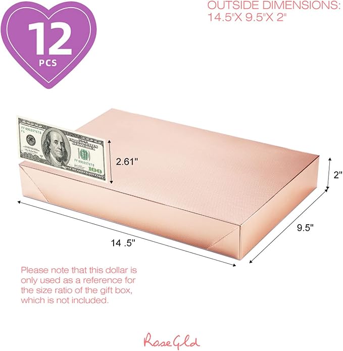 ROSEGLD 12 Large Gift Boxes with Lids 14.5x9.5x2 Inches, Rose Gold Gift Wrap Boxes (Glossy Rose Gold with Grain Texture) for Clothes, Apparel