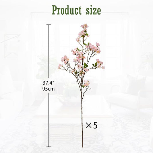 DILATATA Artificial Cherry Blossom Flowers 5 Pcs Silk Cherry Blossom Stems 37.4 Inch Long Stems Faux Silk Peach Flowers for Tall Vase Spring Decor Wedding Party Home Table Arrangement - Pink