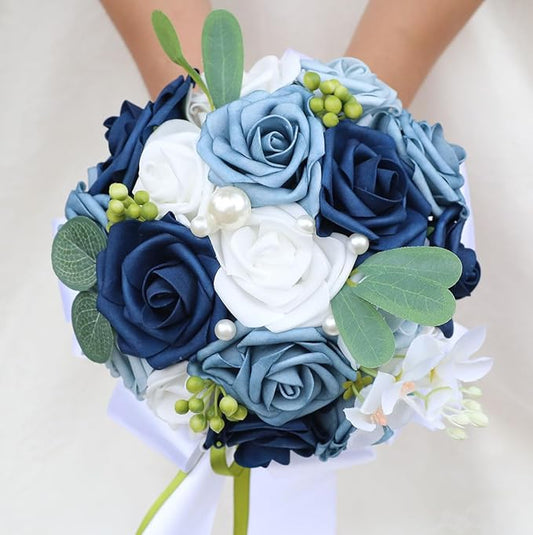 Lightweight Bridal Wedding Bouquet Round Holding Bouquet Throw Toss Artificial Rose Flower Bunch for Bride Bridesmaid Wedding Quinceanera (White & Shades of Blue, 7.9")