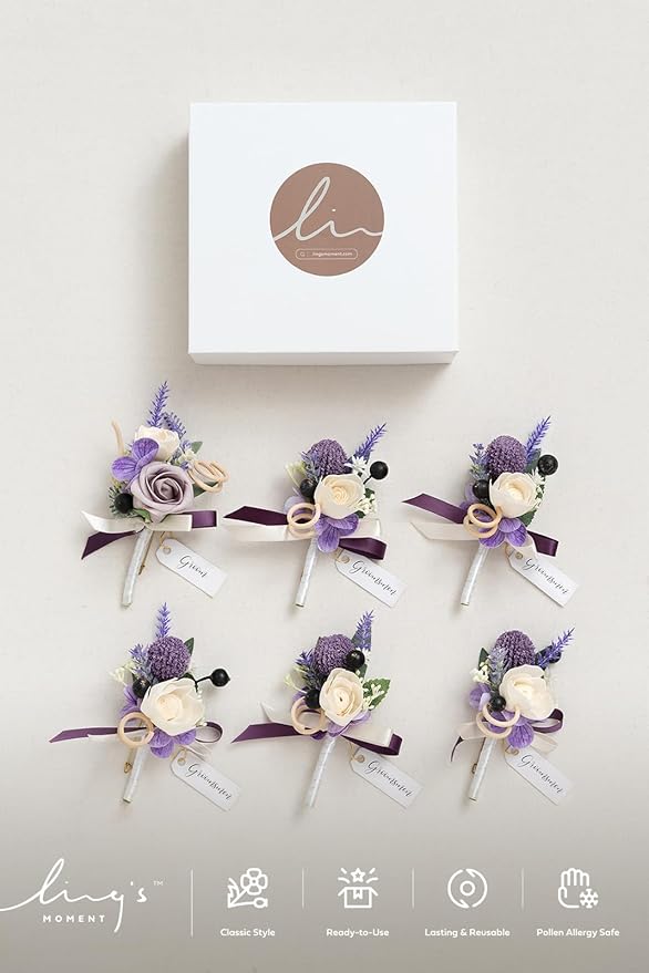 Ling's moment Boutonniere for Men, 6pcs Groom Groomsmen Boutonniere, Artificial Flowers for Wedding Decor/Prom/Homecoming, etc.Purple Lavender Lilac