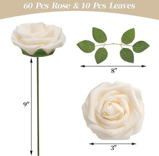 DerBlue 60pcs Artificial Roses Flowers Real Looking Fake Roses Artificial Foam Roses Decoration DIY for Wedding,Arrangements Party Home Decorations