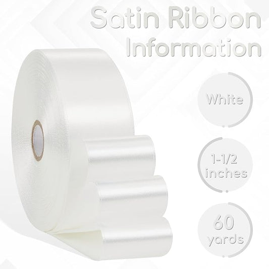 White Satin Ribbon 1-1/2 Inch 60 Yards, Solid Polyester Fabric Ribbon for Gift Wrapping, Flower Bouquet, Crafts, Wedding, Handmade Roses, Birthday and Festival Decor