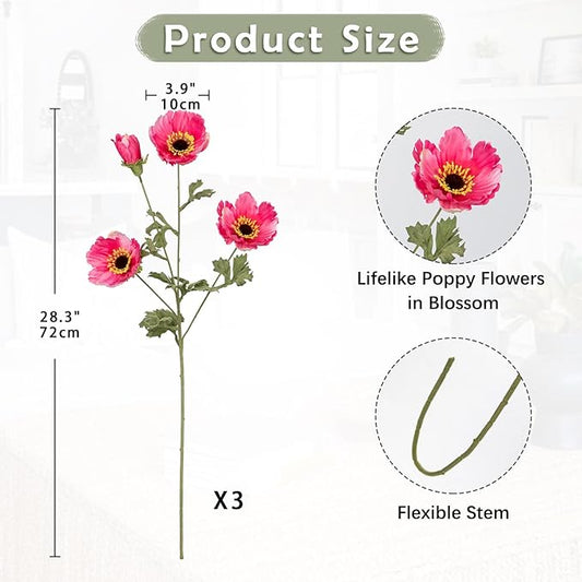 28.3" Pink Artificial Flowers Poppy Flowers 3Pcs Silk Fake Poppy Flowers Real Touch Faux Poppies Spring Flower Long Stem Arrangement with 4 Heads for Party Centerpiece Bouquet Table Home Decoration